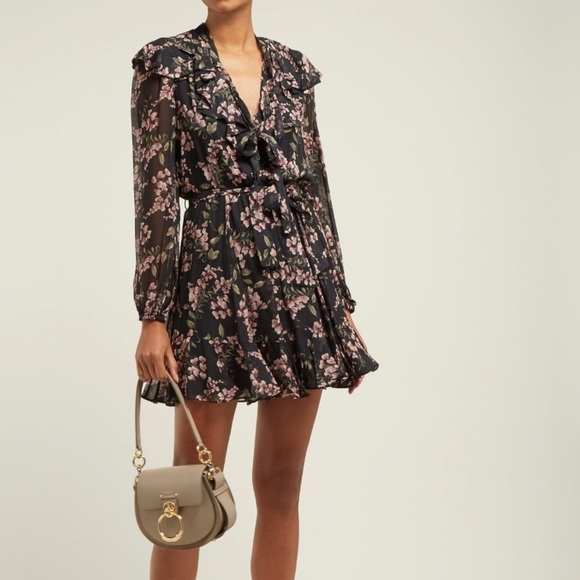Zimmermann Floral Ruffle Mini Dress - Black - Size 0 - Picture 1 of 13